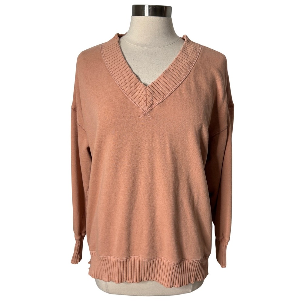 Aerie Womens Peach V-Neck Oversized Distressed French Terry Sweatshirt Size XS